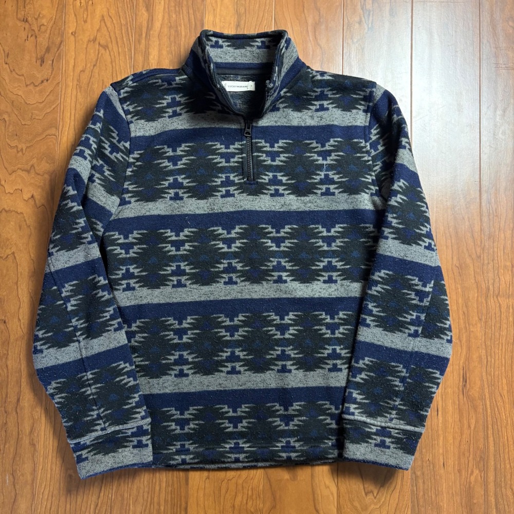 Lucky Brand Mens Aztec Fleece Quarter Zip Pullover Blue Grey Geometric Medium